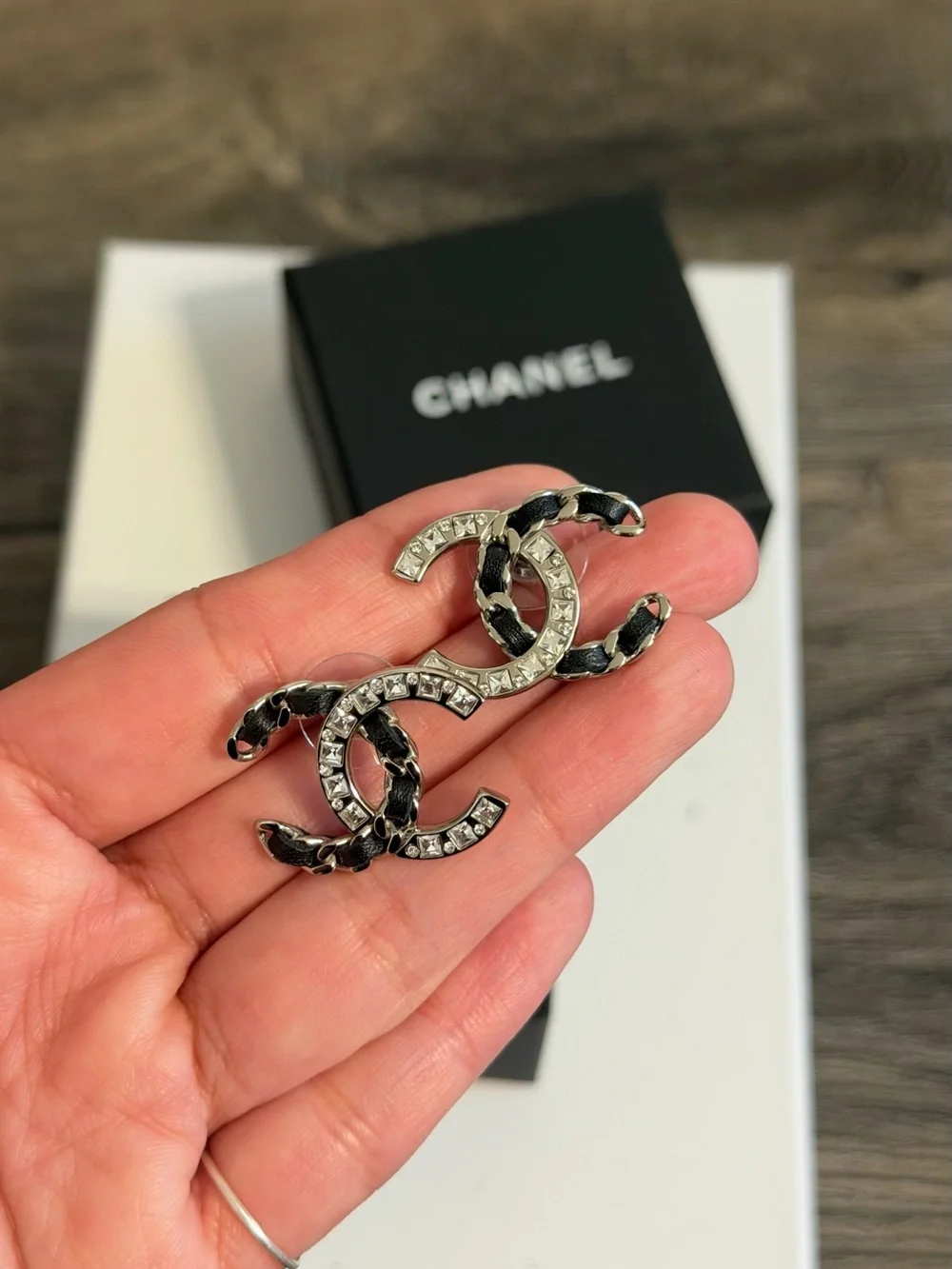 Chanel Silver Crystal CC Black Leather Statement Stud Earrings